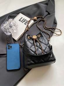 优雅黑色菱形链条抽绳水桶包，新款春夏时尚百搭通勤手提包/单肩包 - 黑色 - 查看 8