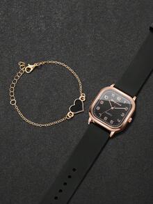 4pcs/Set Women's Silicone Square Watch With Numeric Dial, Classic Quartz Wristwatch + Heart-Shaped Bracelet (Watch Box Not Included) - Multicolor - View 8