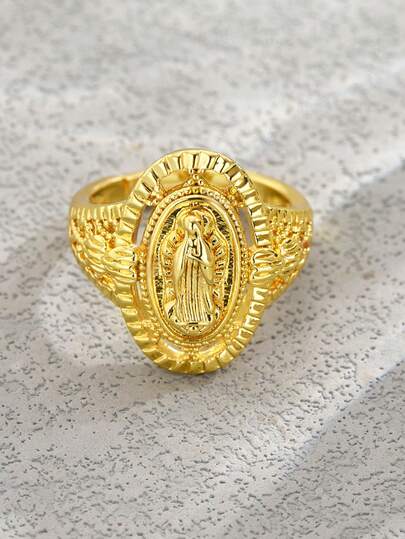 1 pieza Anillo unisex ajustable con retrato ovalado de la Virgen María, tallado y texturizado en cobre macizo vintage, regalo de joyería para fiestas para hombres y mujeres