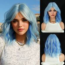 7JHH WIGS Short Wavy Highlight Blue Wigs For Women 14 Inch Shoulder Length Bob Curly Wavy Middle Part Wigs Curtain Bangs, Natural Synthetic Heat-Resistant Fiber Hair For Daily Cosplay Party Use ( Straight Hair Ends ) - Baby Blue - View 12