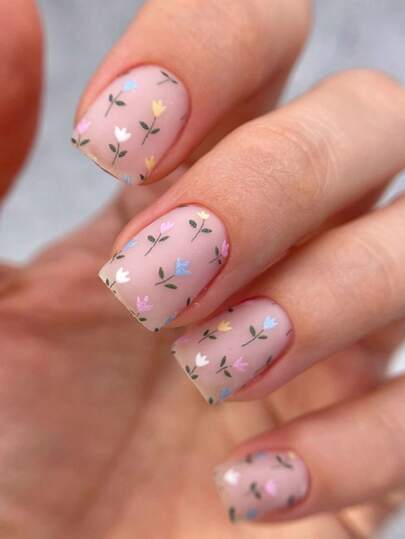 24pcs Short Square Matte Minimalist Floral Pattern Nail Stickers, Featuring Delicate Pink, Blue, Yellow And White Tones With Green Stems, Simple And Fresh Removable Nail Art Decals, Includes 1 Gel And 1 Nail File, Suitable For Women And Girls For Daily Wear, Parties, Vacations, Etc.