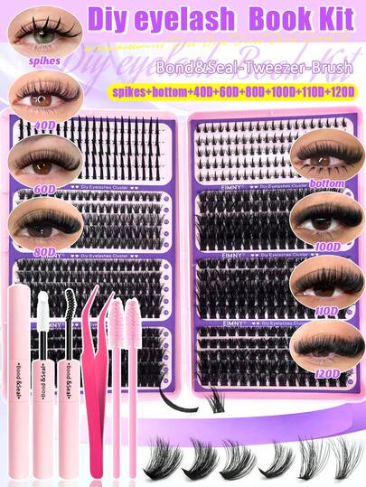 Eimny 800PCS Individual Lashes Book Kit D Curl 8 Styles Mixed Length Bottom/Spikes/40D/60D/80D/100D/110/120 Soft And Comfortable False Eyelashes Long-Lasting Lashes Kit With Bond&Seal Lash Applicator, Perfect For Beginners&Proficient, DIY At Home Easily, For Makeup Daily Lash Clusters