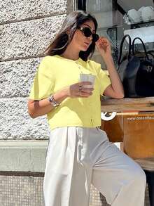 Round Neck Solid Color Pearl Button Short Sleeve Casual Versatile Knit Cardigan, Loose Fit, Suitable For Everyday Wear - Yellow - View 4