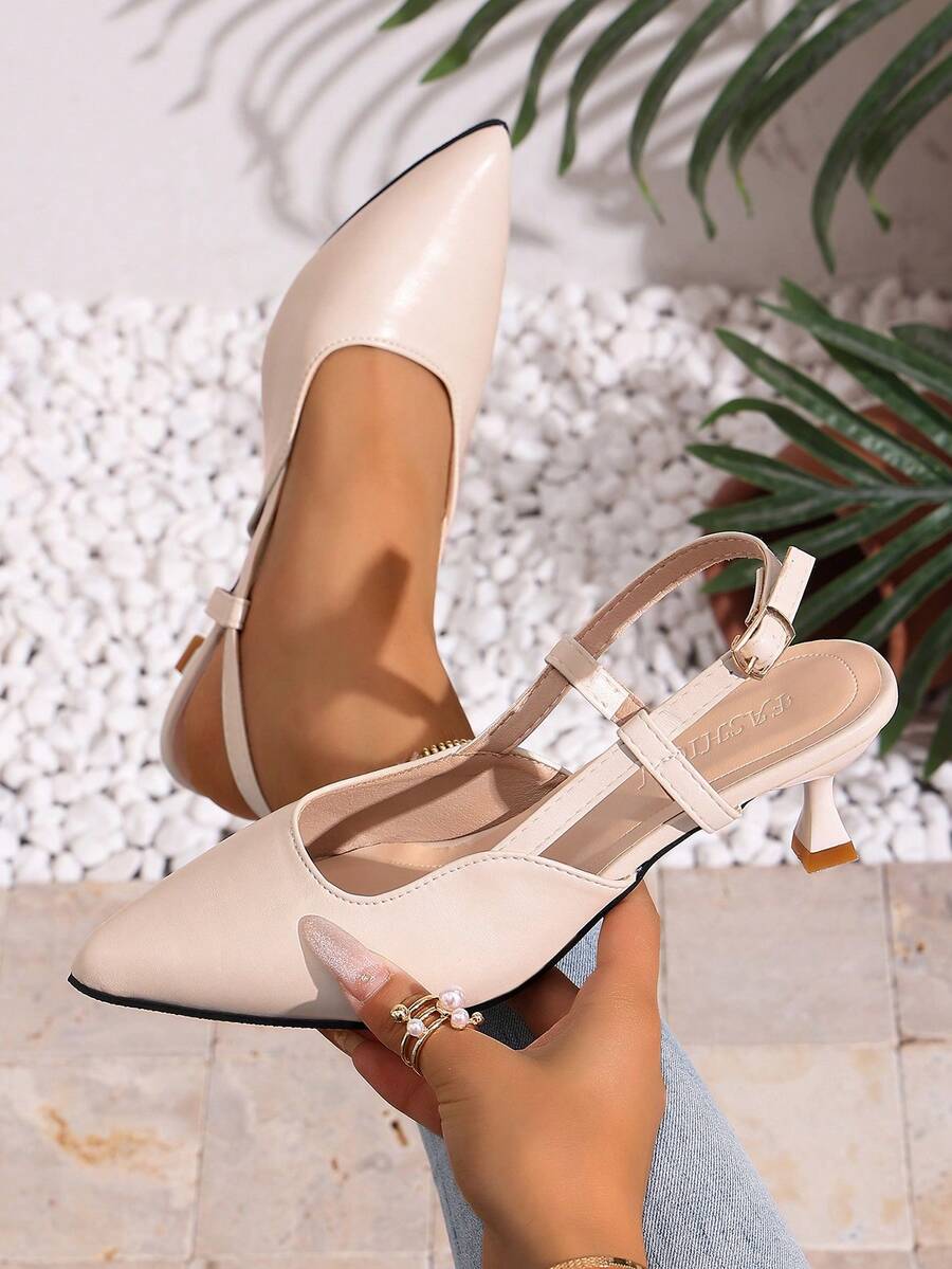 1 đôi sandal cao gót mũi nhọn tối giản màu trơn, thích hợp cho tuổi teen, màu be, khóa cài, đa năng cho cả đi chơi và đi làm. - Màu be - Xem 1