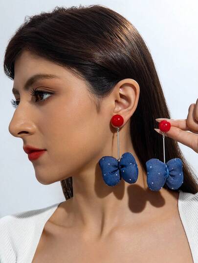 1 Pair Bohemian Style Blue Polyester Bow Earrings, Gorgeous Gift For Women Suitable For Beach Vacation