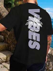 Camiseta casual de manga corta con cuello redondo, estampado gráfico de árbol de palma y texto para hombres en verano, regalo para novio, para salir - Negro - Ver 4