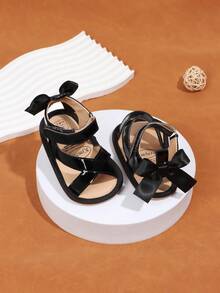 1 Pair Girls' Solid Color Bow PU Hook And Loop Design Flat Non-Slip Breathable Sandals, Toddler First Walking Shoes Suitable For Summer, 0-1 Years Old - Black - View 3