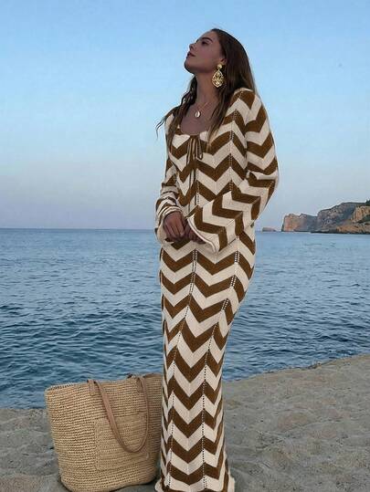 Women's Fashionable Elegant Minimalist Mature Vacation Knit Cover Up Dress, Beach Resort Wear, Summer