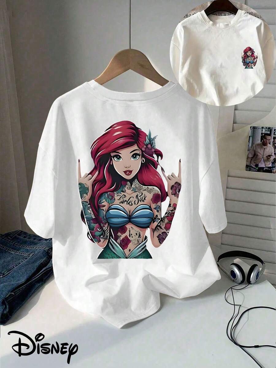 Disney Classic Licensed Ariel Double-Sided Printed T-Shirt From The , Punk Style Short-Sleeved Round Neck Casual Shirt, Suitable For Summer And Spring, Short-Sleeved Shirt, Women's Wear, Mother's Day Gift.  Classic Licensed Ariel Double-Sided Printed T-Shirt From The , Punk Style Short-Sleeved Round Neck Casual Shirt, Suitable For Summer And Spring, Short-Sleeved Shirt, Women's Wear, Mother's Day Gift. - White - View 1