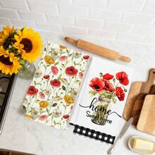 MEMNUN 2条水彩复古黄红梅森罐花卉图案“家，甜蜜的家”印花厨房毛巾，尺寸为15.75*23.62英寸（40*60厘米），柔软超细纤维材质，是厨房和餐厅装饰的理想之选，四季皆宜 - 彩色 - 查看 6