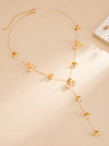 1pc Chic Ins Style Metal Drip Oil Petal Y-Shaped Necklace, Luxury Elegant Long Y-Shaped Clover Asymmetrical Pendant Necklace, Suitable For Women's Daily, Vacation, Party Wear - Gold - View 5