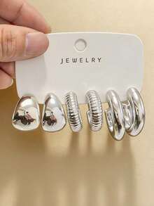 6-18pcs Chic Silver-Tone Earring Pack, Fashion Floral Geometric Textured Earrings, Everyday Wear For Women - 銀色 - 查看 6