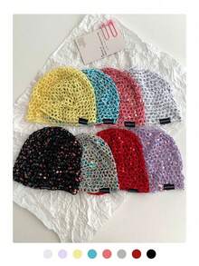 Gorro de punto hecho a mano con lentejuelas, hueco, de estilo retro, versátil, ligero y transpirable para mujer, para primavera y verano - Multicolor - Ver 4