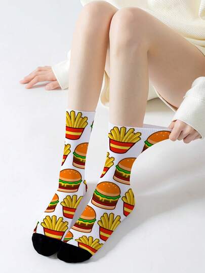 一双男女通用船袜，360°印花薯条和汉堡图案，时尚百搭，适合日常休闲、运动、派对、跑步、通勤、情侣礼物，适合所有节日和场合，四季皆宜