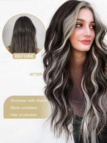 5片式合成接发片，长卷发，波浪造型，黑色、棕色、灰色、金色可选，自然逼真，增加发量，蓬松效果，适合女性使用。 - 彩色 - 查看 6