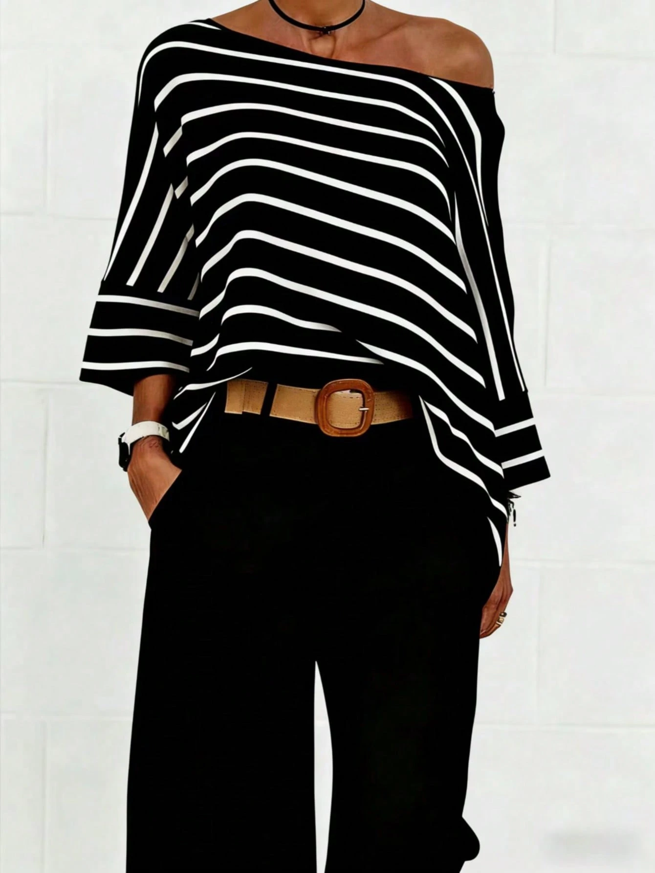 Women’S Striped Asymmetrical Shoulder Batwing Sleeve Loose Casual T Shirt,