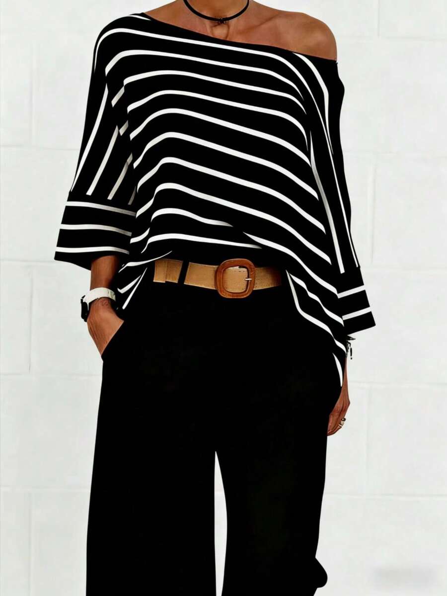 Women's Striped Asymmetrical Shoulder Batwing Sleeve Loose Casual T-Shirt, Summer Black Spring