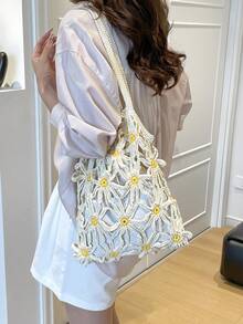2026 Summer New Beach Vacation Handbag, Women's Fashion Handmade Woven Bag, Daisy Hollow Cotton Rope Shoulder Bag - White - View 8