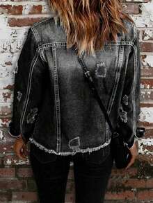 Women's Distressed Washed Denim Jacket, Suitable For Autumn Casual Spring - Dark Grey - View 5