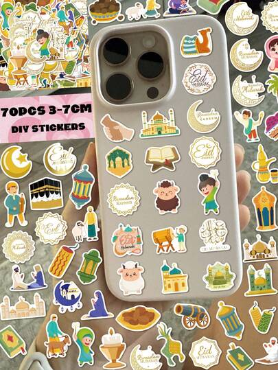 1 paket/70 adet, Eid Mubarak çıkartmaları, PVC malzeme, her biri 3 ila 7 santimetre uzunluğunda, yaratıcı estetik tasarımlı çıkartma, her biri farklı, kullanım alanları: El yazısı defteri, tablet bilgisayar, not defteri, telefon kılıfı, defterler, Kindle, kalem kutusu, dizüstü bilgisayar, motosiklet, kaykay, albüm, gitar, yemek kutusu, telefon kılıfları, power bank, kulaklık koruyucu kılıfı, buzdolabı mıknatısı, araba çıkartmaları, gençler ve yetişkinler için kendin yap el yazısı defteri dekoratif çıkartmaları.