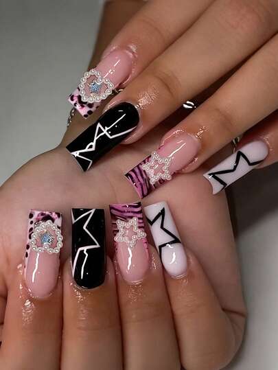 24pcs French Tip Acrylic Press On Nails Long Square Press On Nails Zebra&Leopard PatternWith Star Decoration 3D Heart With Rhinestone Design Fashion Y2K Style Surface Glossy Full Cover Fake Nails For Women And Girls Daily Wear
