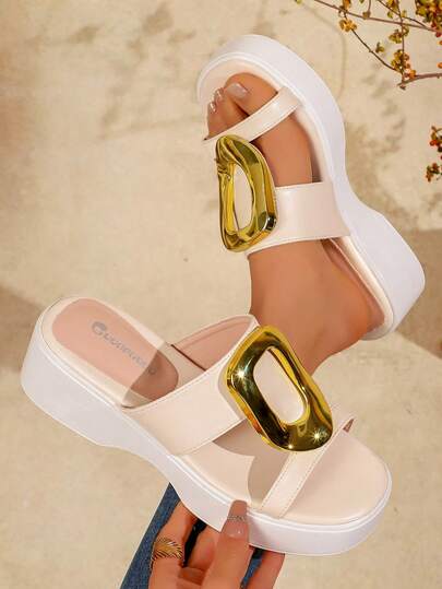 Elegant Thick-Sole Slide Sandals For Women, New Summer Outdoor Wear, Pair With Dresses, French Style Resort Wedge Slippers