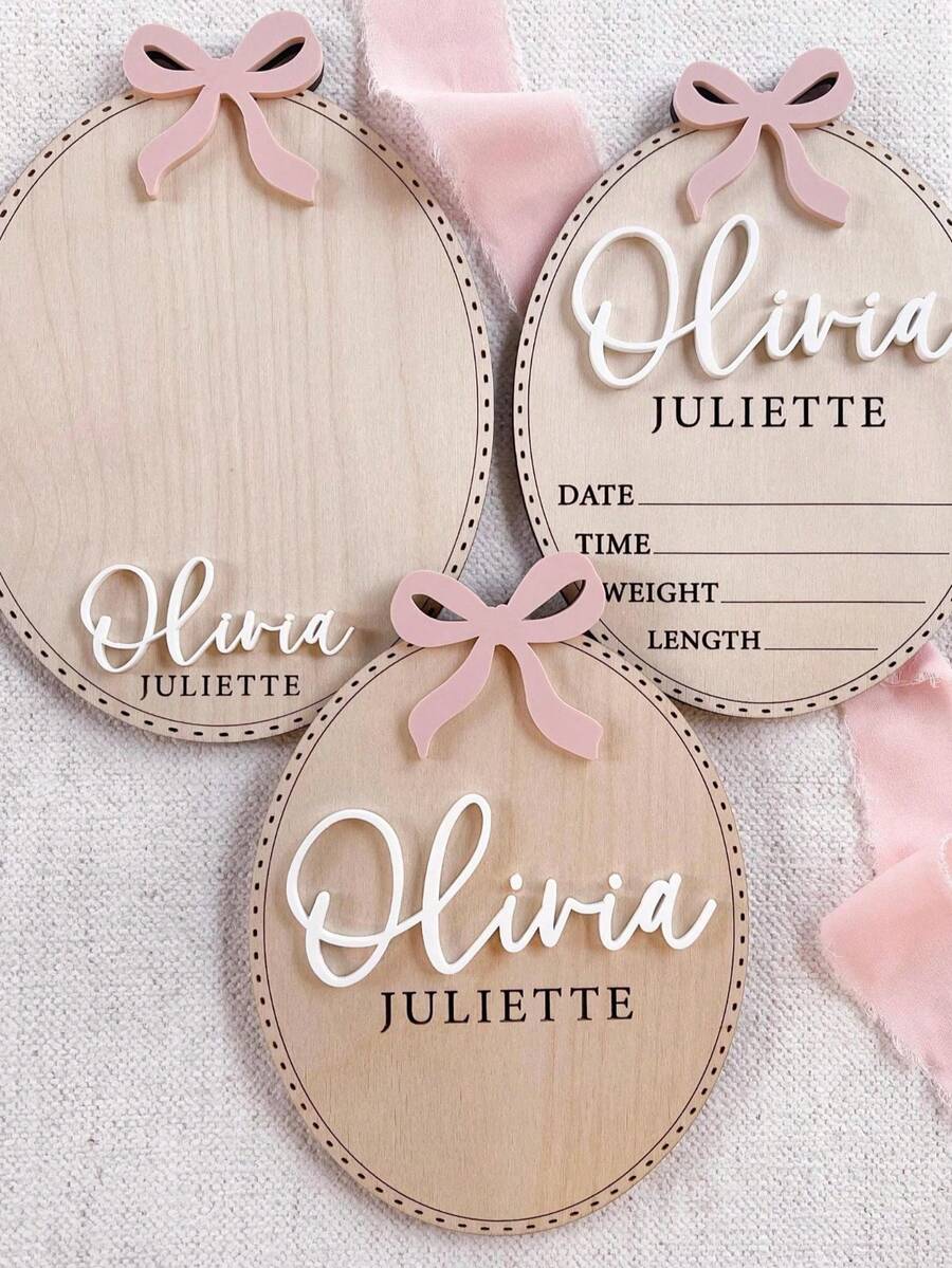 Personalized Birth Announcement Plaque, Matching Name Plate, Wooden Name Reveal Plaque, Customized Name Plate, Hospital Use Plaque, Name Plate, Bow Announcement, Bow Birth Plaque - F - Thẻ tên khai sinh B - Xem 1