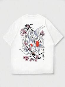 Camiseta Casual de Verano para Hombre Fractyr con Estampados de Peces Koi y Flores de Cerezo, Estilo Urbano Versátil, que Muestra tu Moda Única, Regalo Perfecto para Novio o Esposo - Blanco - Ver 9