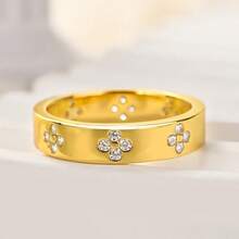 18K镀金四叶草锆石戒指，简约奢华百搭设计，女士适用 - 金色 - 查看 2