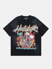 Plus Size Hellstars Skeleton Couple Rock 'n' Roll Y2K Graphic T-Shirt,220g 100% Cotton,Round Neck Short Sleeve,Black Streetwear Essential For Summer Going Out,Unisex Style - 黑色 - 查看 1
