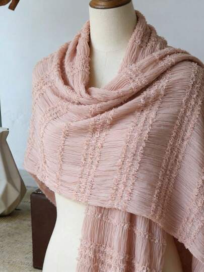Unique 3D Pleated Shawl, Suitable For All Seasons, Vintage Vacation Style For Travel & Air-Conditioned Rooms, Exquisite Jacquard Wavy Edge Scarf, Minimalist Elegant Versatile For Commuting