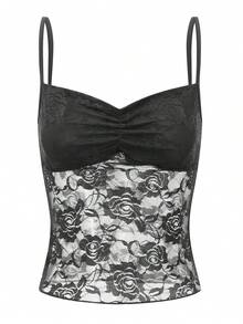 Women's Y2K Lace Floral Cami Tank Tops Spaghetti Strap Ruched Front Lace Patchwork Camisole Crop Tops Sexy Backless Sleeveless Slim Fit Vests Shirts Teen Girls Going Out Tops Aesthetic Clothes Club Streetwear - màu đen - Xem 4
