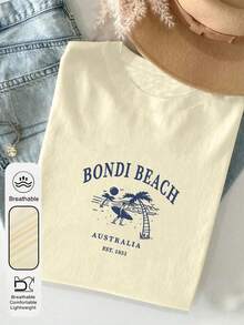 Áo thun nữ cỡ lớn cổ tròn tay ngắn in hình Bondi Beach, kiểu dáng thường ngày, thích hợp mặc mùa hè, thời trang và đa năng, màu mơ, thích hợp cho kỳ nghỉ. - Màu be - Xem 4