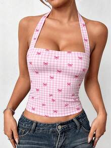 LOVE JOYY 女士 Y2K 粉白格纹吊带背心，蝴蝶结图案修身短款上衣，夏季甜美性感风日常穿搭 - 彩色 - 查看 4