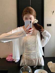 Vacation Style Sheer Lace Trim Cardigan, Casual Sweet Lace Trim Open Front White Semi-Sheer Tie Front Knit Cardigan/Lightweight Long Sleeve Outerwear - White - View 3