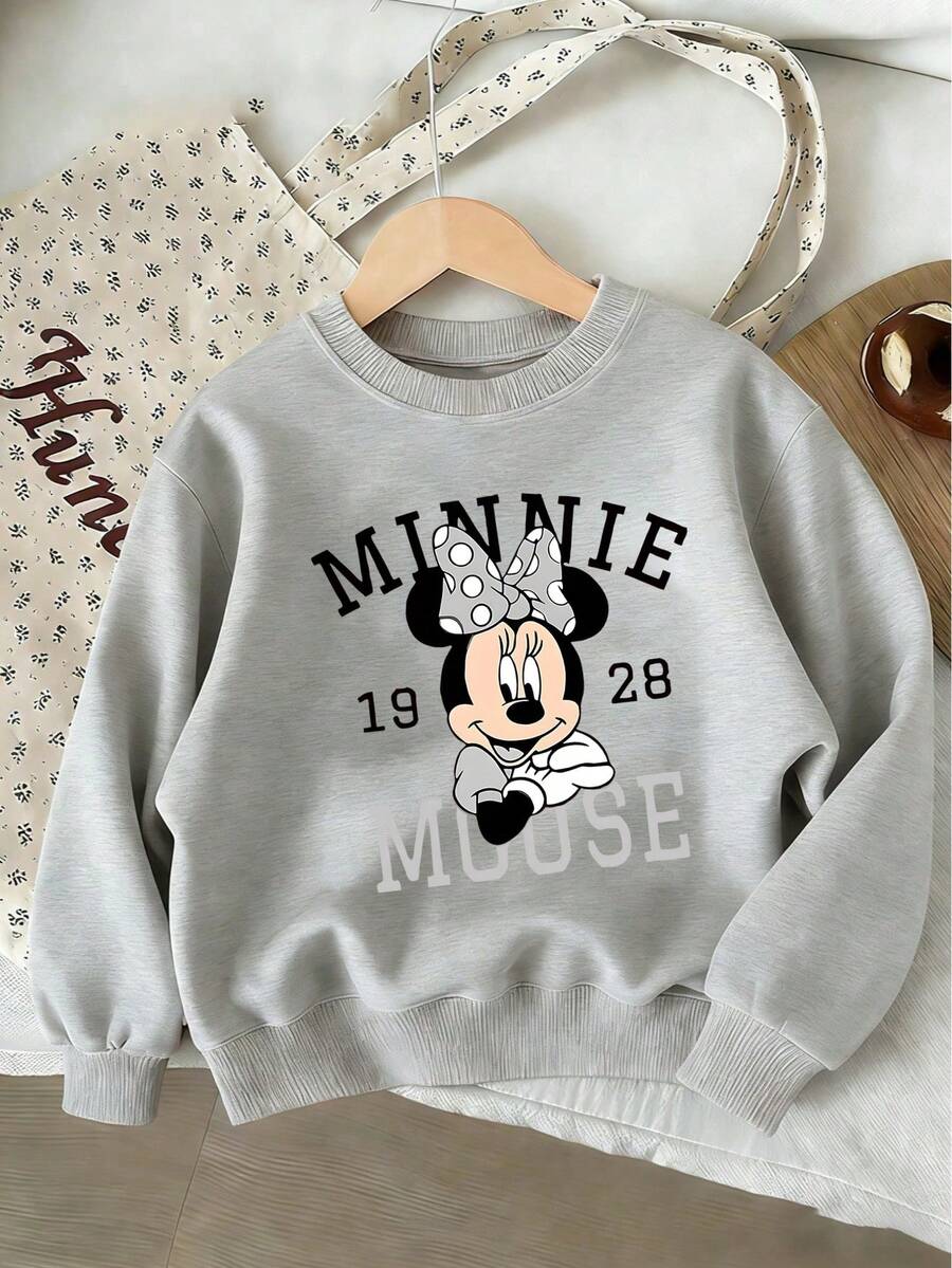 1pc Disney Minnie Mouse Sweatshirt For Tween Girls - Cute Style With Vintage Minnie 1928 Graphic, Soft & Skin-Friendly, Ideal For Daily Casual Wear & Disney-Themed Outings - Grey - View 1