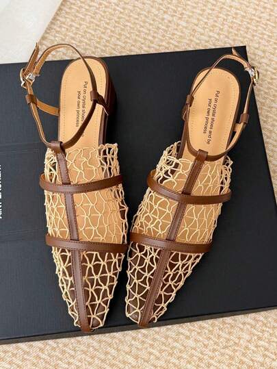 编织美学 - 复古时尚镂空网面鞋，尖头粗跟细带平底凉鞋，女士款