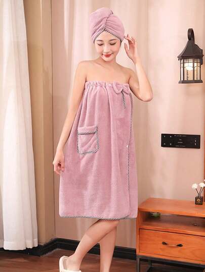 Cute Coral Fleece Bath Robe Purple Two Pieces Set (Bath Robe Hair Drying Cap) Short Kimono-Style Bathrobe Suitableor SPA And Bridesmaids, Women's Quick-Dry Soft Absorbent Bathrobe, Bathroom Supplies, Valentine's Day Gift