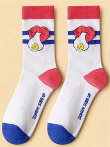 1双女士趣味鸡蛋表情透气中筒袜，街头风日常穿搭，春秋季 - 彩色 - 查看 5