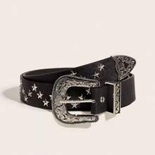 New Star Rivet Punk Style Fashion Unisex Wide Belt, Carved Buckle Casual Jeans Belt - Black - View 8