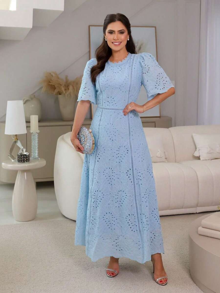 Josiane Modesto Maxi Midi Dress In Cotton Embroidered With Guipure Lace And Back Zipper – Elegant And Delicate - Màu xanh lam - Xem 1