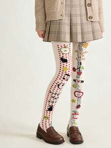 1 Pair Anime Cat & Music Note Apple Print Tights For Women - Multicolor - View 4