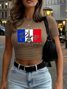 Paris City Of Love Since 259 Art Letter Print Women T Shirt Summer Short Sleeve Hip Hop Crewneck Clothes Slim Yoga Crop T-Shirts - 白色 - 查看 7