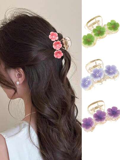 1Pc Cute 3 Flower Mini Hair Claw Clip, Translucent Resin Small Hair Claws For Women Girls, Sweet Floral Hair Accessories For Daily Wear