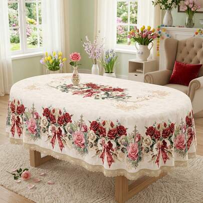 1 pieza - Mantel de mesa con estampado floral de primavera, cubierta de mesa con estampado de rosas vintage con lazo rojo y ribete de encaje, decoración de poliéster con tema de primavera y Día de la Madre, resistente al agua y a las manchas para cocina, comedor, brunch de primavera y suministros para fiestas del Día de la Madre