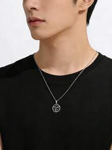 1件不锈钢镂空排球吊坠项链，时尚设计 - 銀色 - 查看 2