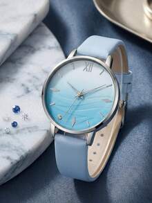 Set de 6 piezas de reloj de cuarzo minimalista de moda para mujer con cristal azul, correa de cuero, set de reloj y joyería que incluye collar, anillo, aretes y pulsera, adecuado para uso diario, regalo - Azul - Ver 8