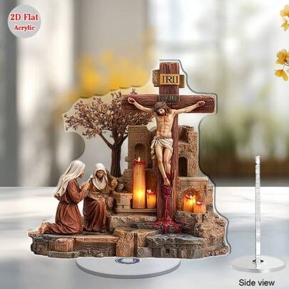 2D Flat - A 2D Rotatable Acrylic Desktop Decor Piece Displaying A Complex Crucifixion Scene With Candles And A Praying Woman, Creating A Peaceful Meditative Ambiance Easter Room Decor Home Decor