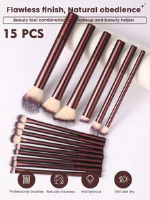 17PC Makeup Tools Set Including:15PCS Makeup Brush Set+2PCS Makeup Sponges+1pc Circular Powder Puffs - Burgundy - View 9