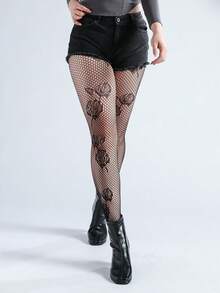 1pc Women's Fishnet Tights With Embroidered Rose Pattern, Versatile Black Y2k Stockings High Stretch Floral Pattern Mesh Pantyhose With Elastic Waistband, Gothic Style Sheer Stockings For Party, Punk & Daily Streetwear, Soft Durable Fishnet Leggings To Match Shorts, Skirts & Boots, Fashion Statement Hosiery - 彩色 - 查看 6